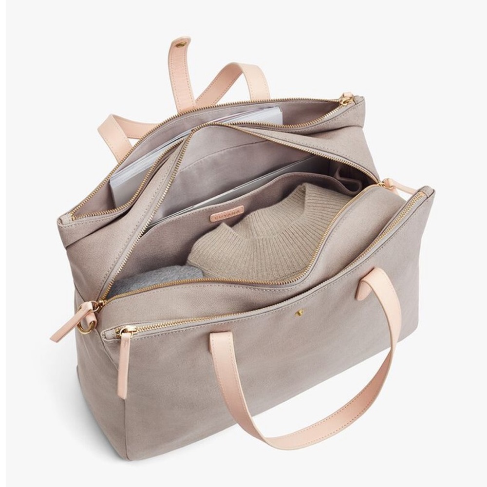 Cuyana canvas and leather triple weekender bag